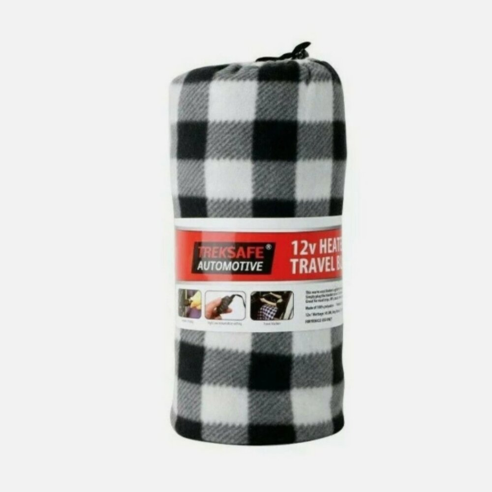 Black & White Plaid 12V Heated Travel Blanket